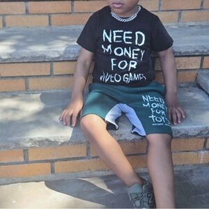 Black and Green Graphic T-Shirt and Shorts Set